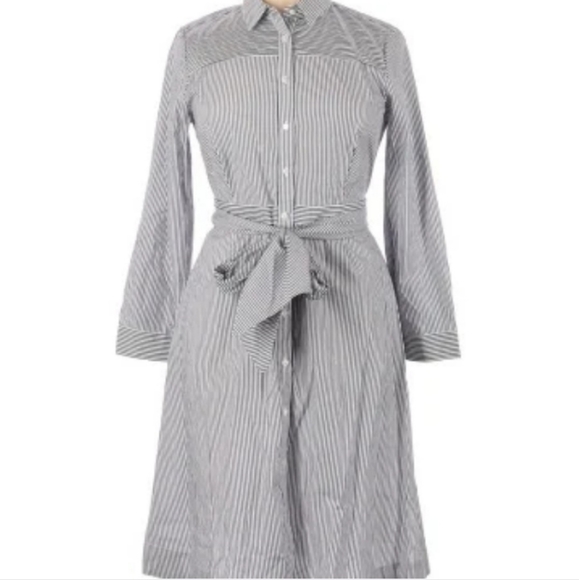 Shirt Dress Tie Waist Cotton Poplin White Denim Stripe - Size 8 - Picture 9 of 9